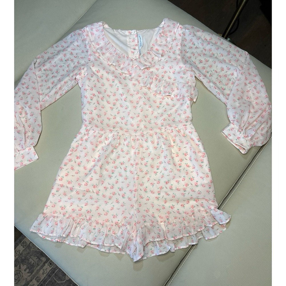 Girls size 10 Janie & Jack pink floral long sleeve Romper with lining underneath